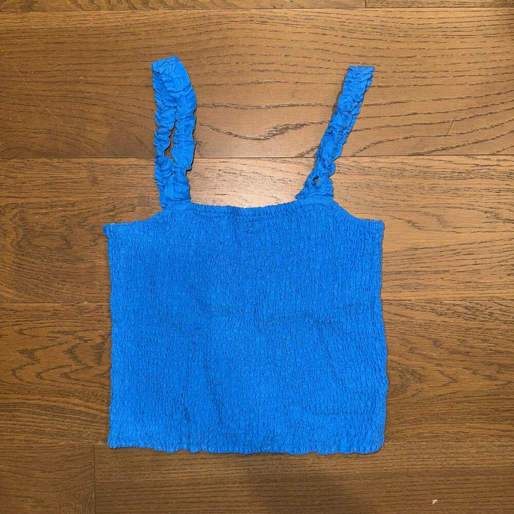 Cobalt Blue 100% European Linen Smocked Tank Top Ruched Straps Size Large EUC